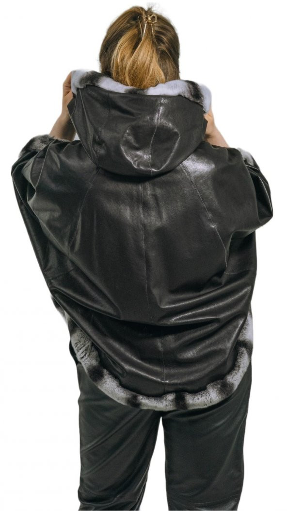 Freya Gerçek Kürklü Hakiki Deri Kadın Kapşonlu Cepli Çift Taraflı Giyilebilir Her Bedene Uygun Panço Hilda Deri - 4