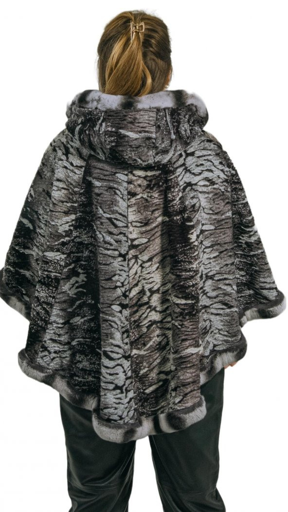 Freya Gerçek Kürklü Hakiki Deri Kadın Kapşonlu Cepli Çift Taraflı Giyilebilir Her Bedene Uygun Panço Hilda Deri - 6