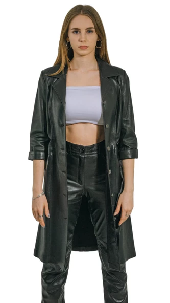 Hakiki Deri Trençkot Siyah Elbise Yarım Kollu Düğmeli Diana - 3