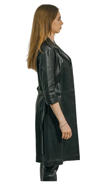 Hakiki Deri Trençkot Siyah Elbise Yarım Kollu Düğmeli Diana - 5