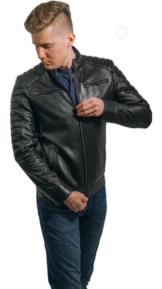 Şık Hakiki Deri Siyah Spor Erkek Ceket Bond - 5