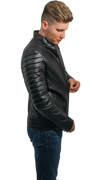 Şık Hakiki Deri Siyah Spor Erkek Ceket Bond - 4