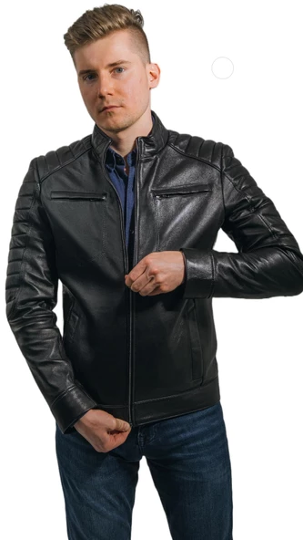 Şık Hakiki Deri Siyah Spor Erkek Ceket Bond - 6