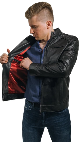 Şık Hakiki Deri Siyah Spor Erkek Ceket Bond - 7