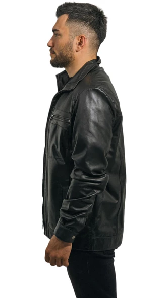 Cengiz Khan Siyah Hakiki Deri Erkek Ceket Klasik ve Modern Tasarım - 3