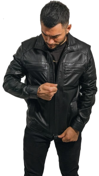 Cengiz Khan Siyah Hakiki Deri Erkek Ceket Klasik ve Modern Tasarım - 4