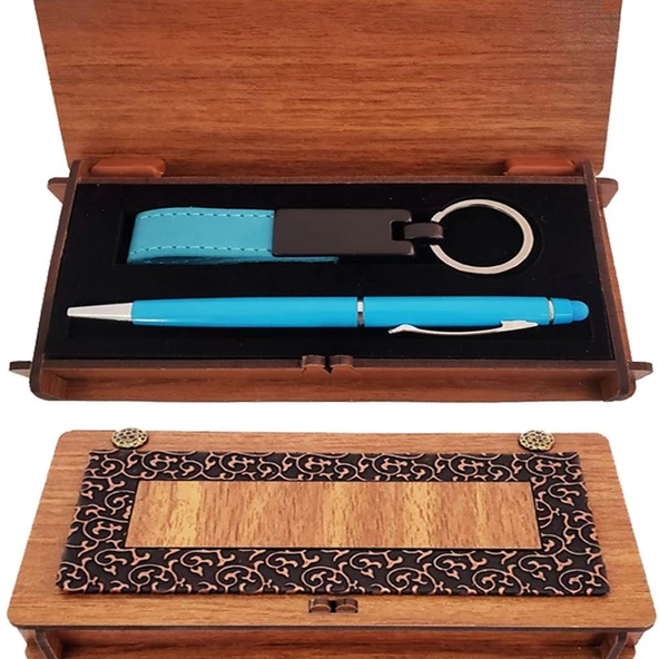 Ahşap Kutulu Kalem Anahtarlık Mavi Set Dekoratif Hediyelik ürün görseli 1