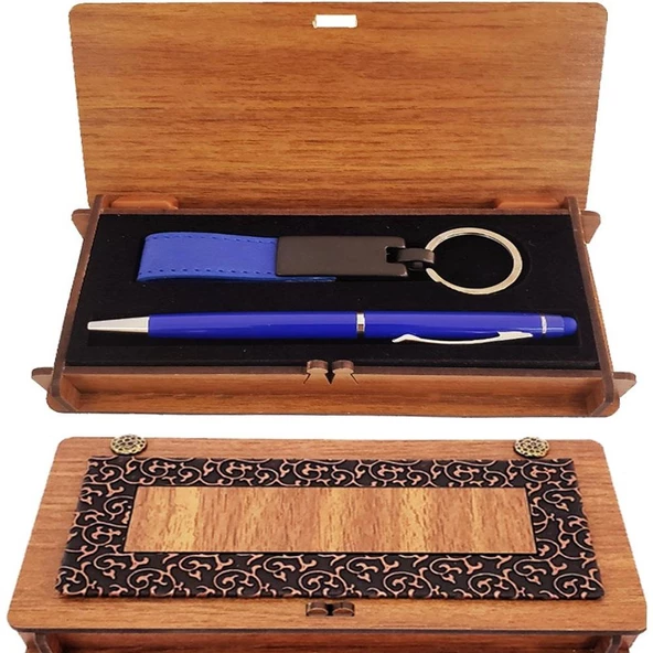 Ahşap Kutulu Koyu Mavi Kalem Ve Anahtarlık Set ürün görseli 1