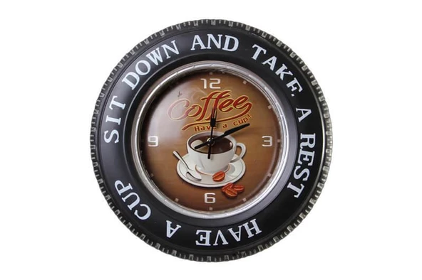 Dekoratif Araba Tekerleği Coffea TimeTemalı Saatli Led Işıklı