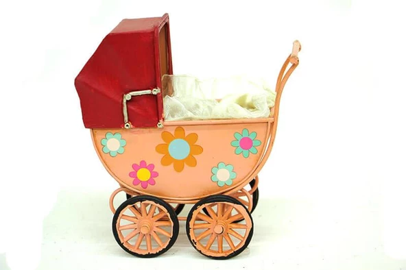 Dekoratif Metal Bebek Arabası Biblo Vintage Hediyelik - Resim 2