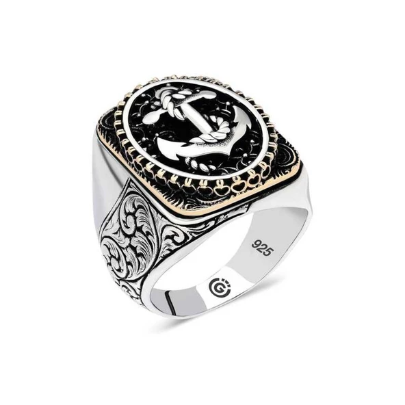 Lucky Life 925 Ayar Gumuss Deniz Çapası Oval Erkek Yüzük