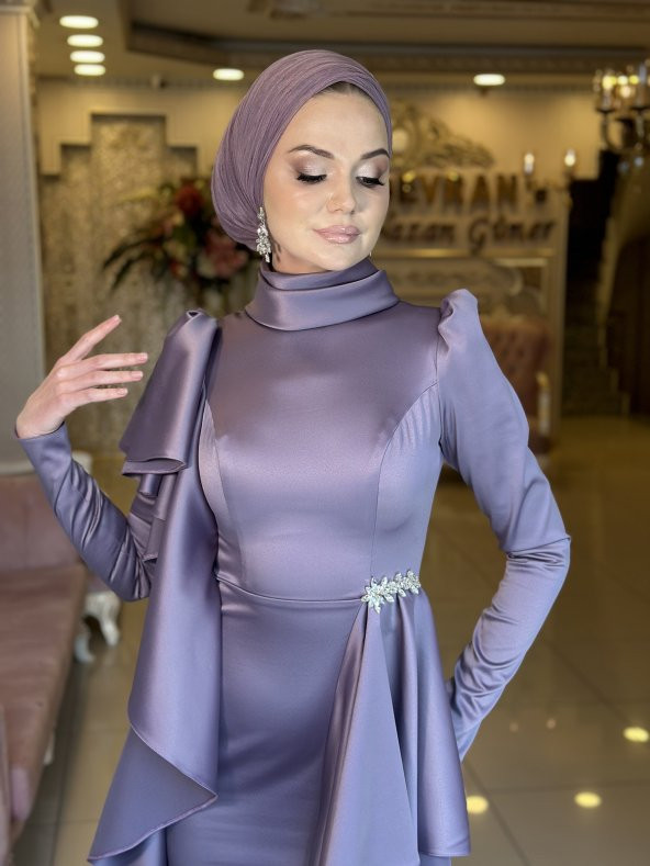 Kuğu Erguvan Abiye Elbise - 3