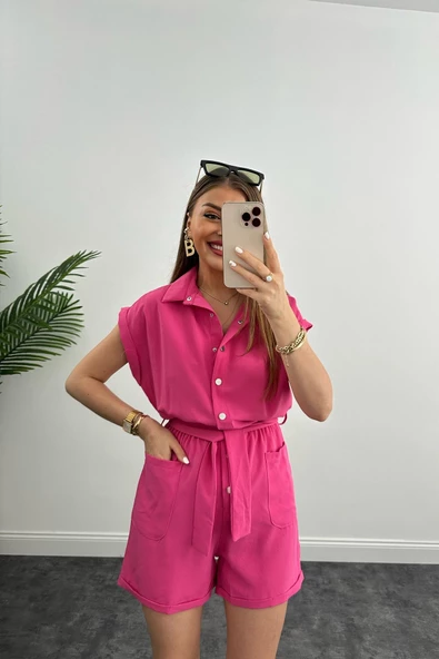 Lüx Kalite Linda Keten Beli Lastikli Şort Tulum