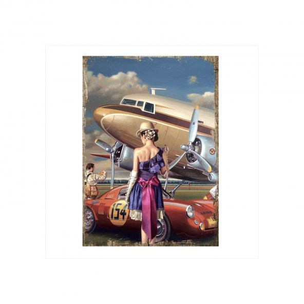 Eski Yarış Arabası Ve Uçak  Ahşap Poster 10*15 Cm