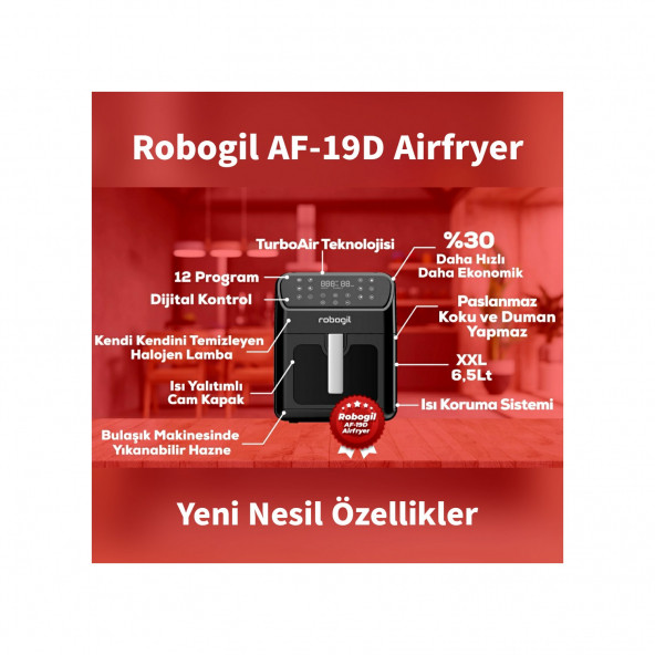 Robogil AF-19D Airfryer XXL 6,5lt Halojen Lambalı Cam Kapaklı Sıcak Hava Fritözü - 3