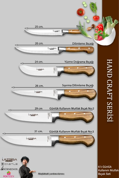 Lazbisa Hand Craft Mutfak Bıçak Seti Et Ekmek Sebze Bıçağı 6 Lı Set Günlük Kullanım ( Mtf-038 ) - 2