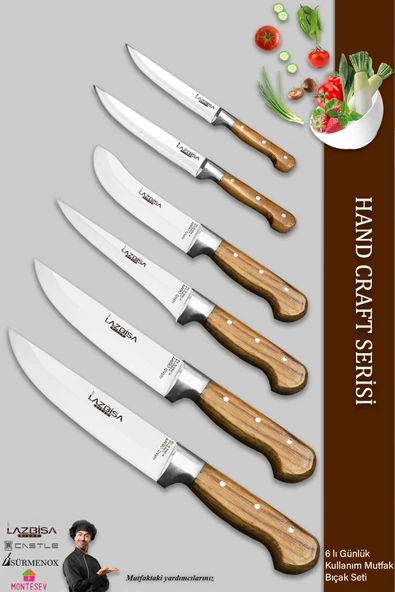 Lazbisa Hand Craft Mutfak Bıçak Seti Et Ekmek Sebze Bıçağı 6 Lı Set Günlük Kullanım ( Mtf-038 )