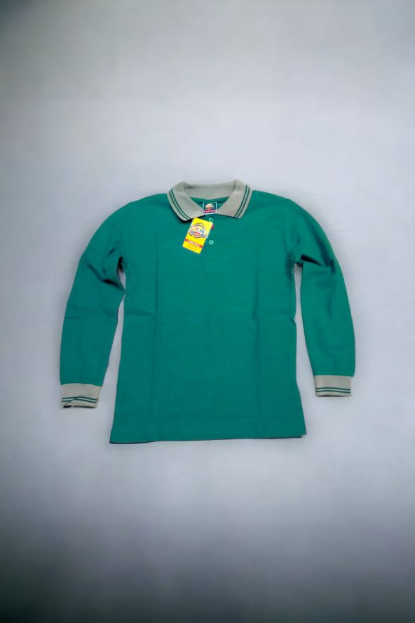 Polo Yaka Tişört çocuk uzun kol Bej çizgi yaka koyu yeşil Okul Tişört/t-shirt
