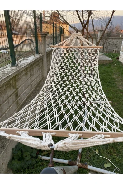 Çift Makrome Örgülü Tek Kişilik Pamuk Hamak - 4