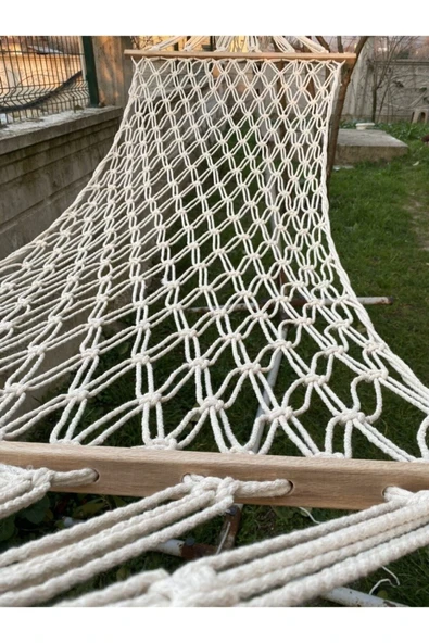 Makrome Salıncak Hamak El Örmesi Çift Katlı Tek Kişilik %100 Pamuk En 95cm Boy 2mt Taşıma Kp 150kg 5 mt Bağlama ipli - 8