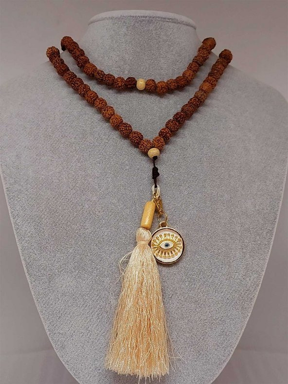 Rudraksha Tohumlu Krem Püsküllü Göz Aparatlı 108lik Tibet Stili El Yapımı Mala Kolye - Resim 2