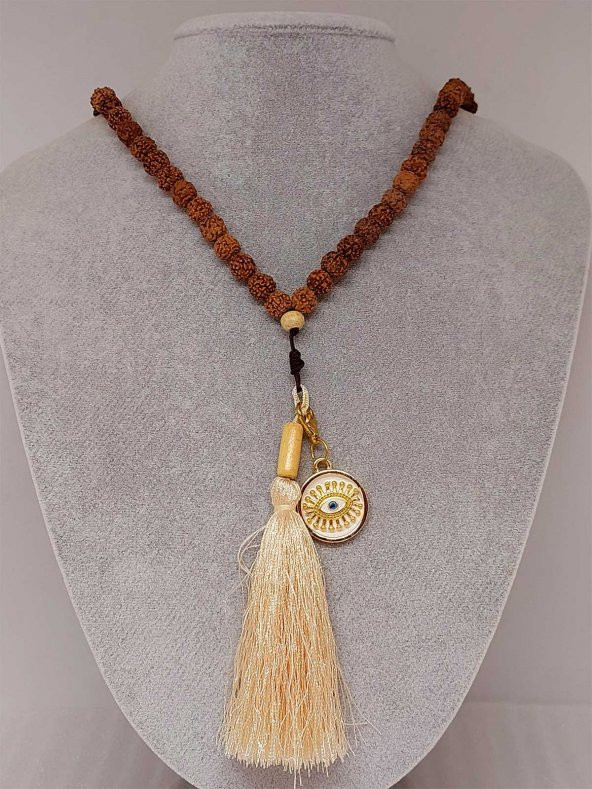 Rudraksha Tohumlu Krem Püsküllü Göz Aparatlı 108lik Tibet Stili El Yapımı Mala Kolye - Resim 3