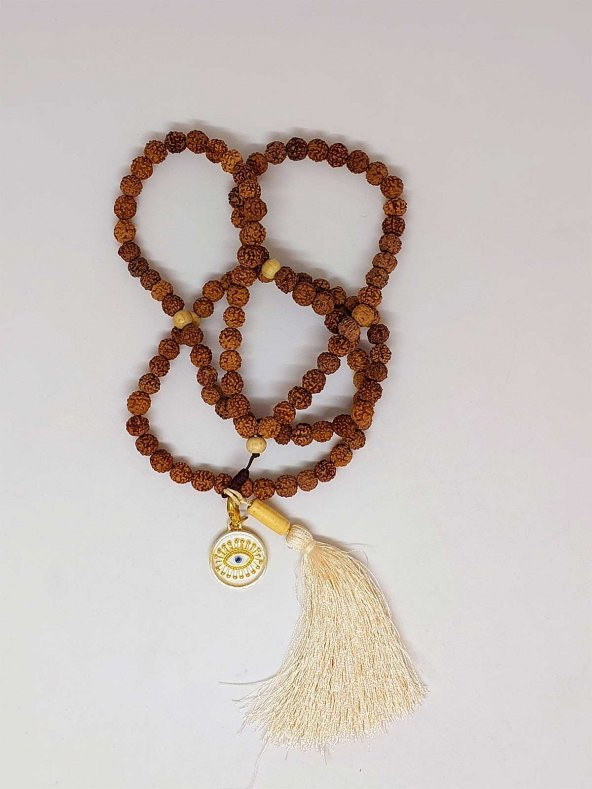 Rudraksha Tohumlu Krem Püsküllü Göz Aparatlı 108lik Tibet Stili El Yapımı Mala Kolye - Resim 4