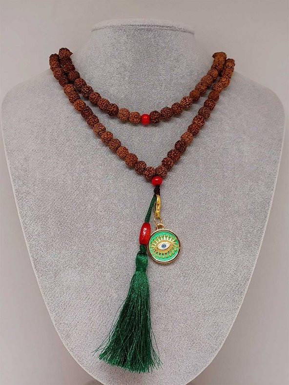 Rudraksha Tohumlu Yeşil Püsküllü Göz Aparatlı 108lik Tibet Stili El Yapımı Mala Kolye - 2