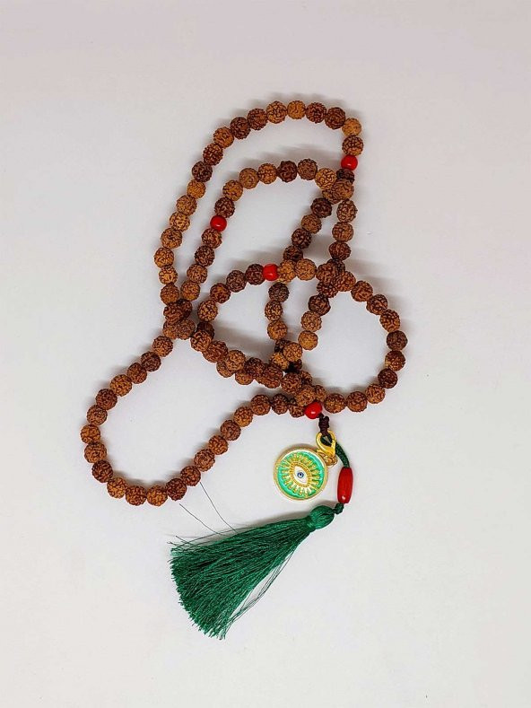 Rudraksha Tohumlu Yeşil Püsküllü Göz Aparatlı 108lik Tibet Stili El Yapımı Mala Kolye - 4