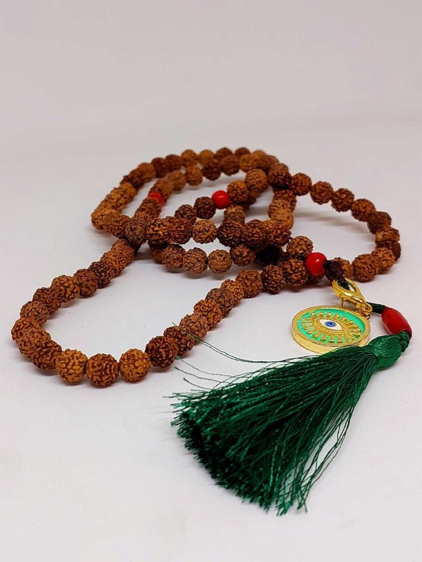 Rudraksha Tohumlu Yeşil Püsküllü Göz Aparatlı 108lik Tibet Stili El Yapımı Mala Kolye - 5