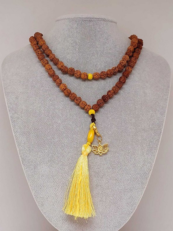 Rudraksha Tohumlu Sarı Püsküllü Lotus Aparatlı 108lik Tibet Stili El Yapımı Mala Kolye - Resim 2