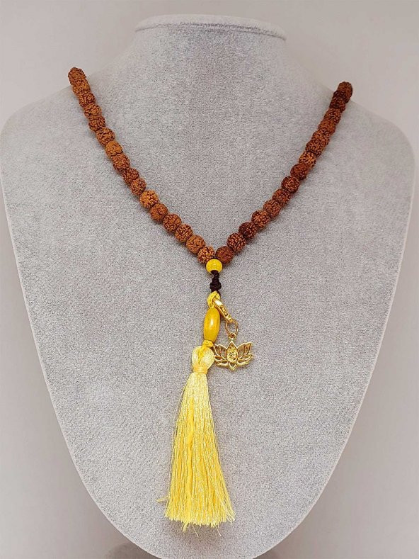 Rudraksha Tohumlu Sarı Püsküllü Lotus Aparatlı 108lik Tibet Stili El Yapımı Mala Kolye - Resim 3