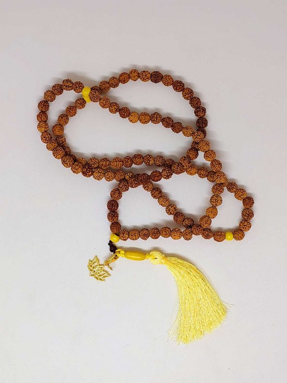 Rudraksha Tohumlu Sarı Püsküllü Lotus Aparatlı 108lik Tibet Stili El Yapımı Mala Kolye - Resim 4