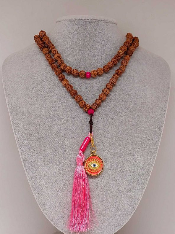 Rudraksha Tohumlu Pembe Püsküllü Göz Aparatlı 108lik Tibet Stili El Yapımı Mala Kolye - Resim 2