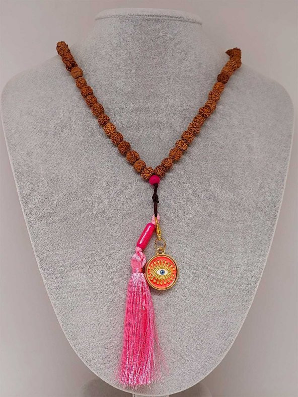 Rudraksha Tohumlu Pembe Püsküllü Göz Aparatlı 108lik Tibet Stili El Yapımı Mala Kolye - Resim 3