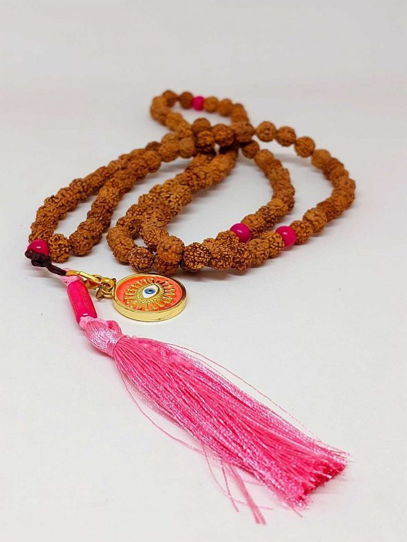 Rudraksha Tohumlu Pembe Püsküllü Göz Aparatlı 108lik Tibet Stili El Yapımı Mala Kolye - Resim 4