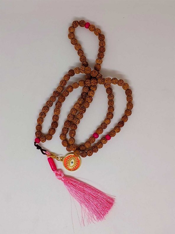 Rudraksha Tohumlu Pembe Püsküllü Göz Aparatlı 108lik Tibet Stili El Yapımı Mala Kolye - Resim 5