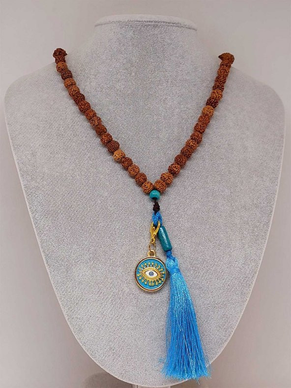 Rudraksha Tohumlu Mavi Püsküllü Göz Aparatlı 108lik Tibet Stili El Yapımı Mala Kolye - Resim 2