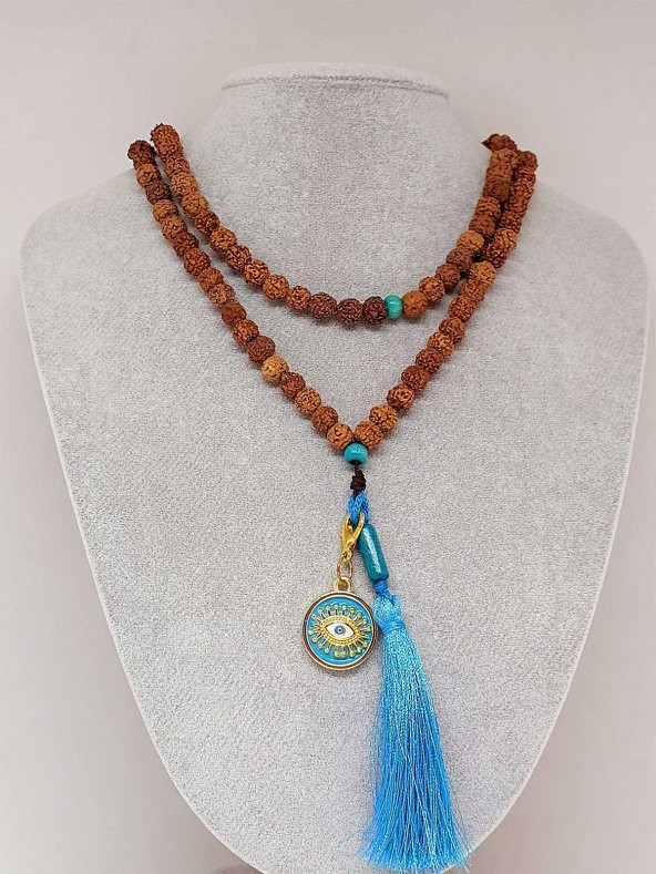 Rudraksha Tohumlu Mavi Püsküllü Göz Aparatlı 108lik Tibet Stili El Yapımı Mala Kolye - Resim 3