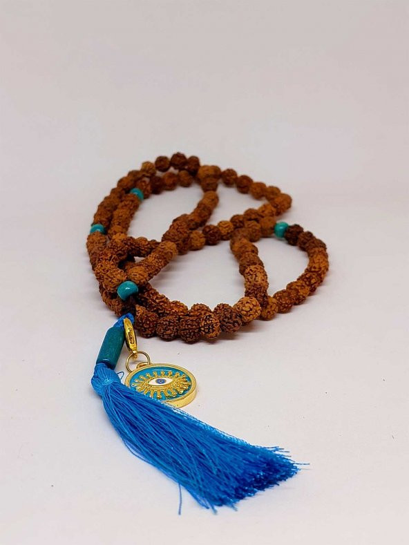Rudraksha Tohumlu Mavi Püsküllü Göz Aparatlı 108lik Tibet Stili El Yapımı Mala Kolye - Resim 5