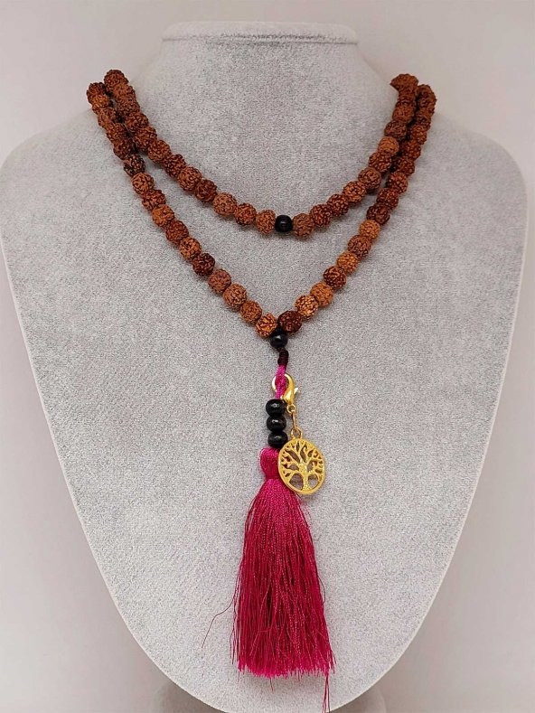 Rudraksha Tohumlu  Bordo Püsküllü Yaşam Ağacı Aparatlı 108lik Tibet Stili El Yapımı Mala Kolye - Resim 2