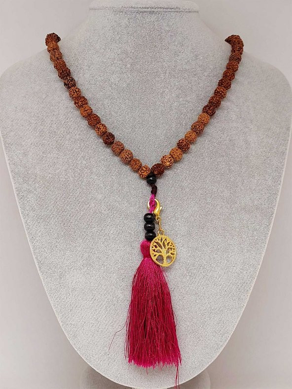 Rudraksha Tohumlu  Bordo Püsküllü Yaşam Ağacı Aparatlı 108lik Tibet Stili El Yapımı Mala Kolye - Resim 3