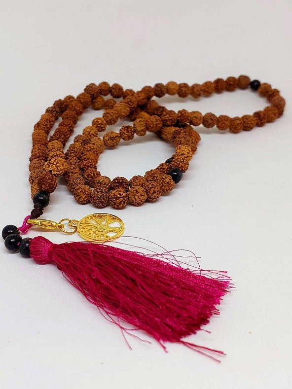 Rudraksha Tohumlu  Bordo Püsküllü Yaşam Ağacı Aparatlı 108lik Tibet Stili El Yapımı Mala Kolye - Resim 4
