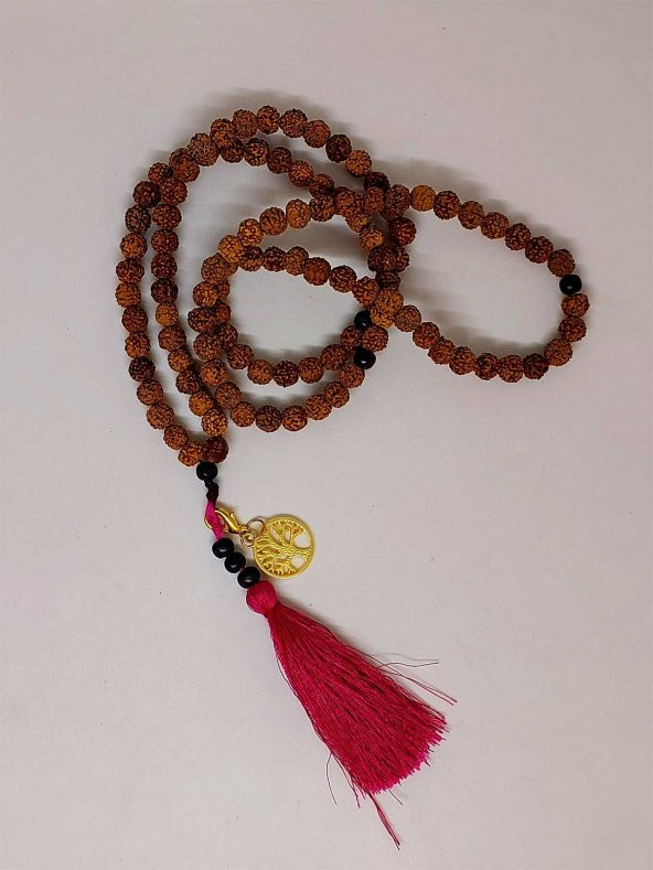 Rudraksha Tohumlu  Bordo Püsküllü Yaşam Ağacı Aparatlı 108lik Tibet Stili El Yapımı Mala Kolye - Resim 5
