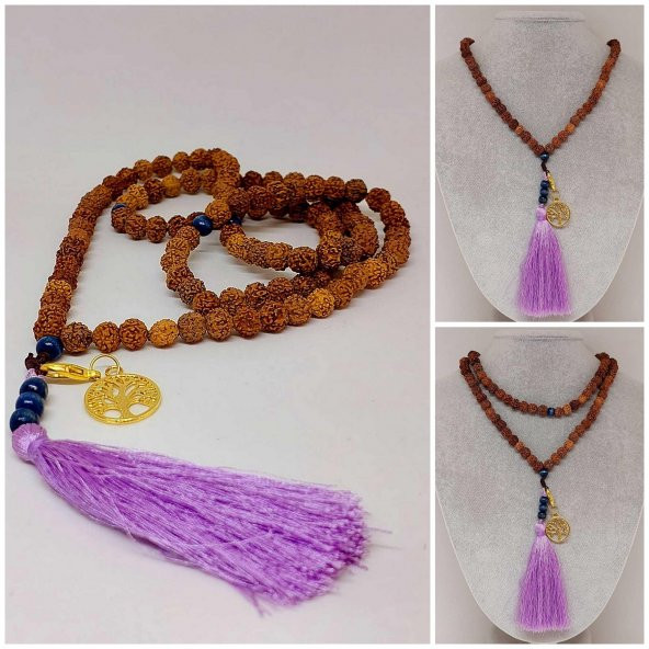 Rudraksha Tohumlu  Mor Püsküllü Yaşam Ağacı Aparatlı 108lik Tibet Stili El Yapımı Mala Kolye ürün görseli