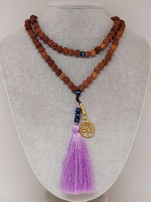 Rudraksha Tohumlu  Mor Püsküllü Yaşam Ağacı Aparatlı 108lik Tibet Stili El Yapımı Mala Kolye - Resim 2