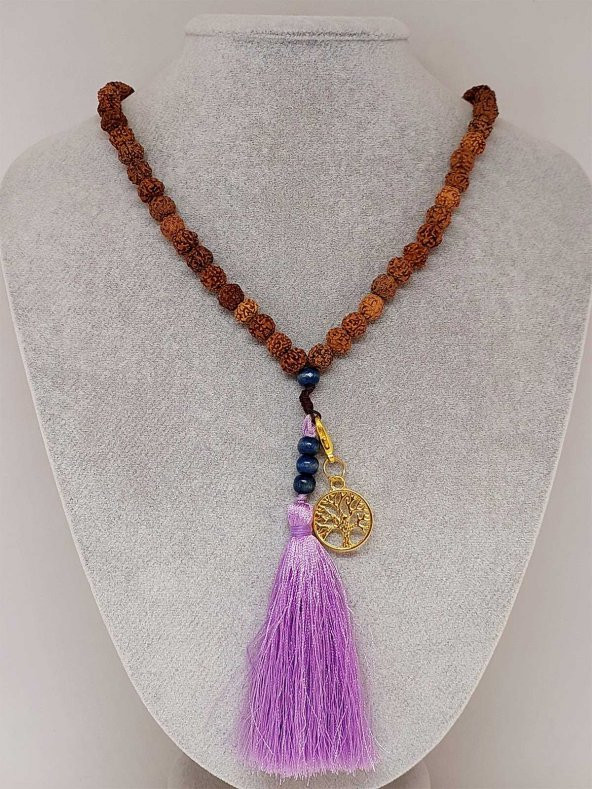 Rudraksha Tohumlu  Mor Püsküllü Yaşam Ağacı Aparatlı 108lik Tibet Stili El Yapımı Mala Kolye - Resim 3