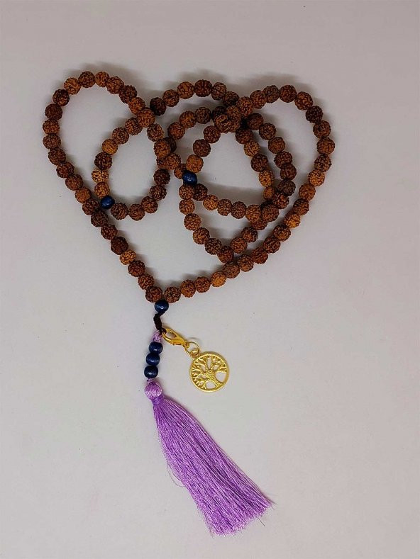 Rudraksha Tohumlu  Mor Püsküllü Yaşam Ağacı Aparatlı 108lik Tibet Stili El Yapımı Mala Kolye - Resim 4