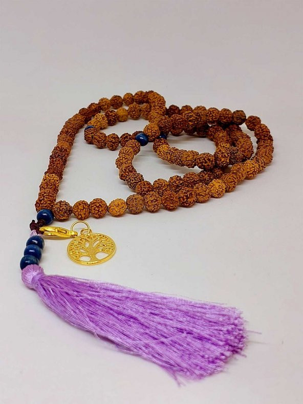 Rudraksha Tohumlu  Mor Püsküllü Yaşam Ağacı Aparatlı 108lik Tibet Stili El Yapımı Mala Kolye - Resim 5