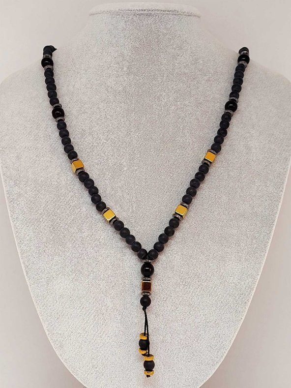 Oniks & Altın Renkli Küp Hematit Taşı Tasarım Erkek Kolyesi ürün görseli